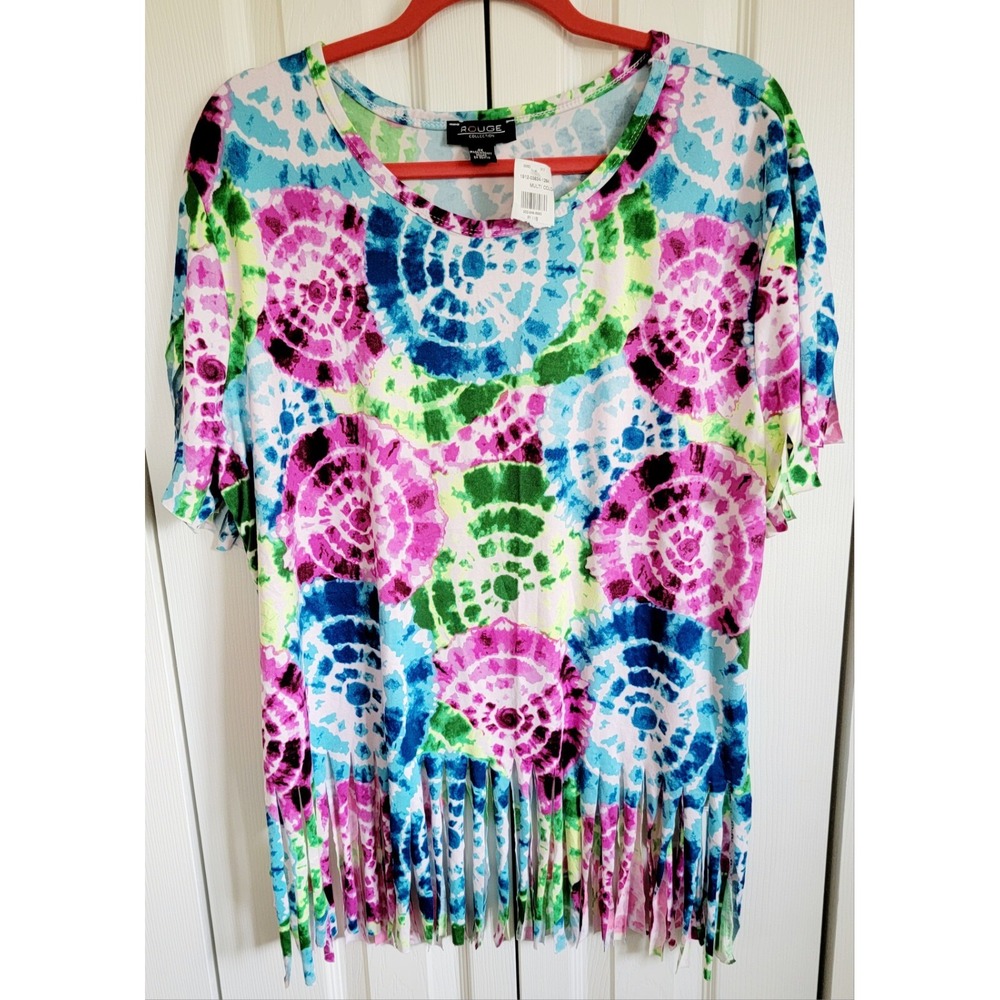 Rogue 4X Tie Dye Top Bright‎ Colors RUNS SMALL SS Scoop Neck Fringe Hippie NWT